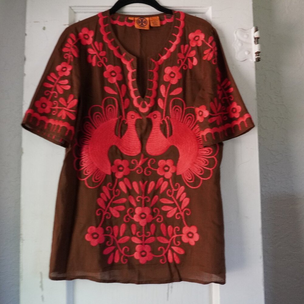 Tory Burch Peacock‎ Embroidered 100% Cotton Blouse Top
